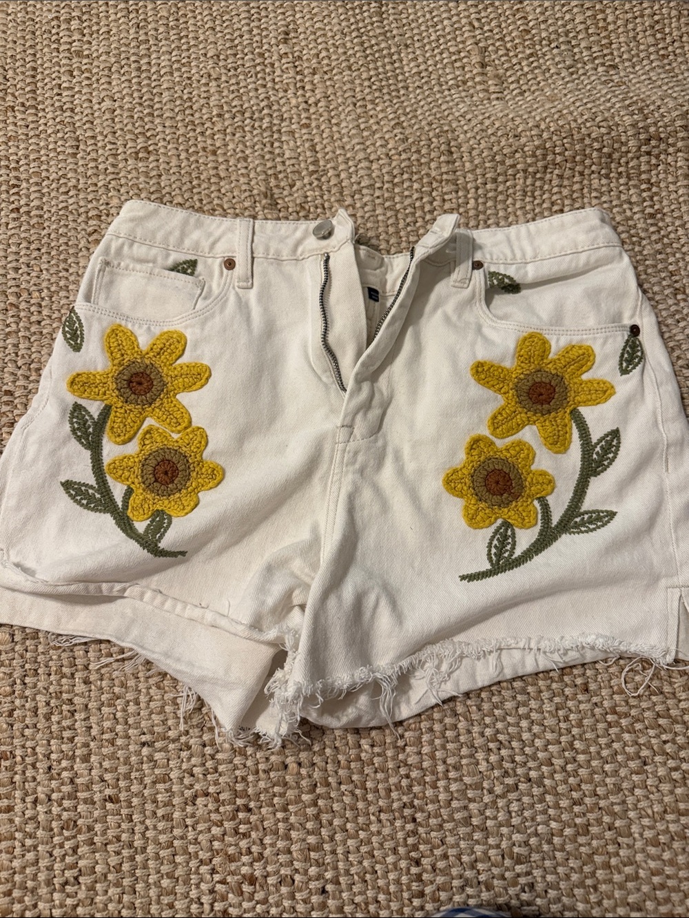 Blank NYC White Denim Shorts with Yellow Floral Crochet